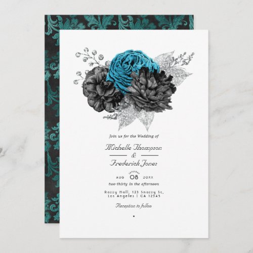 Turquoise _ Teal Black and Silver Floral Wedding Invitation