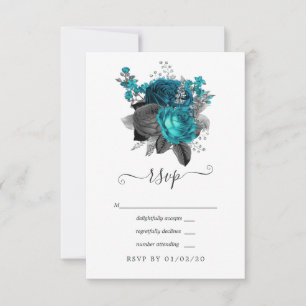 Turquoise - Teal Black and Silver Floral Wedding RSVP Card