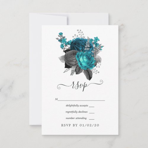 Turquoise _ Teal Black and Silver Floral Wedding RSVP Card
