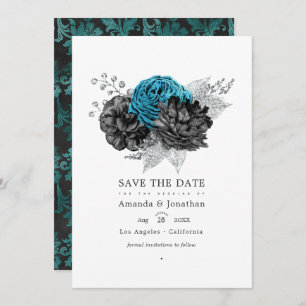 Turquoise - Teal Black and Silver Floral Wedding Save The Date