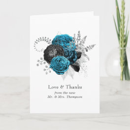 Turquoise - Teal Black and Silver Floral Wedding Thank You Card