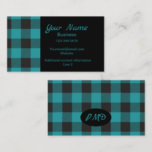 Turquoise Teal Black Buffalo Plaid Check Monogram Business Card