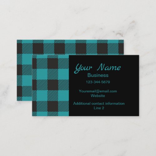 Turquoise Teal Black Buffalo Plaid Check Monogram Business Card