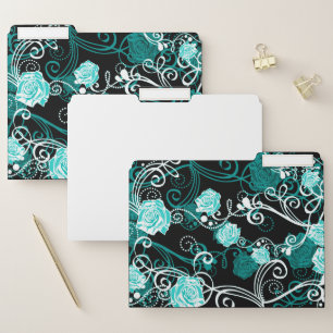 Turquoise Teal & Black Rose Pattern   White File Folder