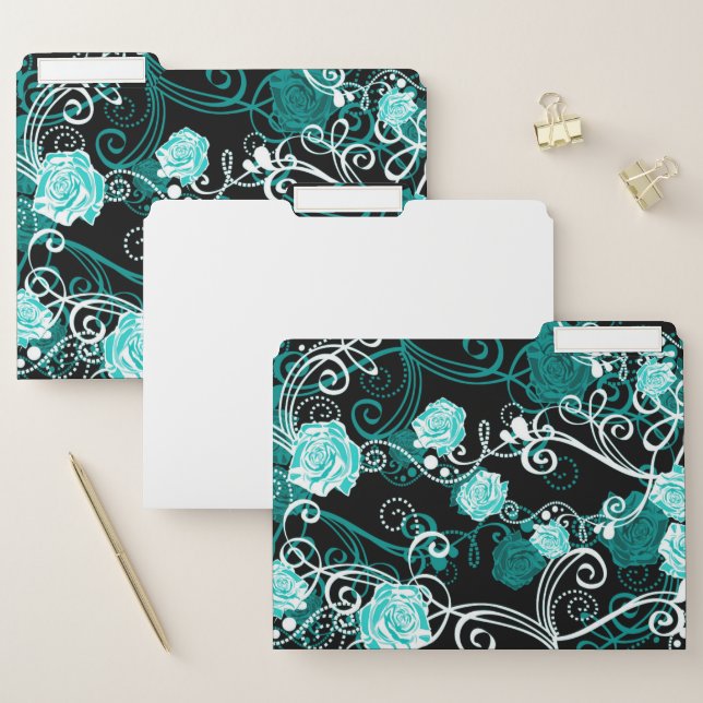 Turquoise Teal & Black Rose Pattern | White File Folder (Set)