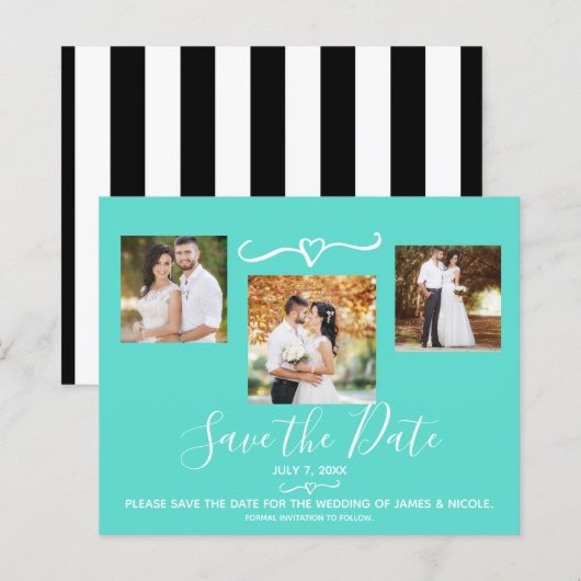 Turquoise Teal & Black Stripes Photo Save the Date (Front/Back)