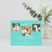 Turquoise Teal & Black Stripes Photo Save the Date (Standing Front)