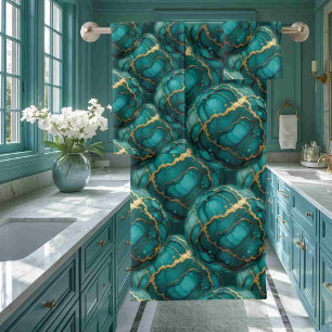 Turquoise Teal Blue and Gold Alcohol Ink Marble Bath Towel Set