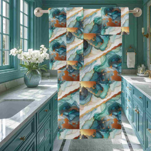 Turquoise Teal Blue and Gold Alcohol Ink Marble Bath Towel Set