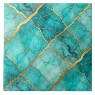 Turquoise Teal Blue and Gold Marble Ceramic Tile