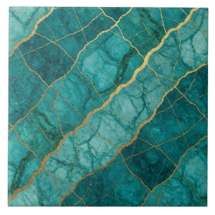 Turquoise Teal Blue and Gold Marble Ceramic Tile