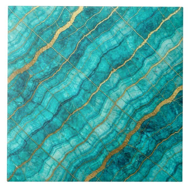 Turquoise Teal Blue and Gold Marble Ceramic Tile (Front)