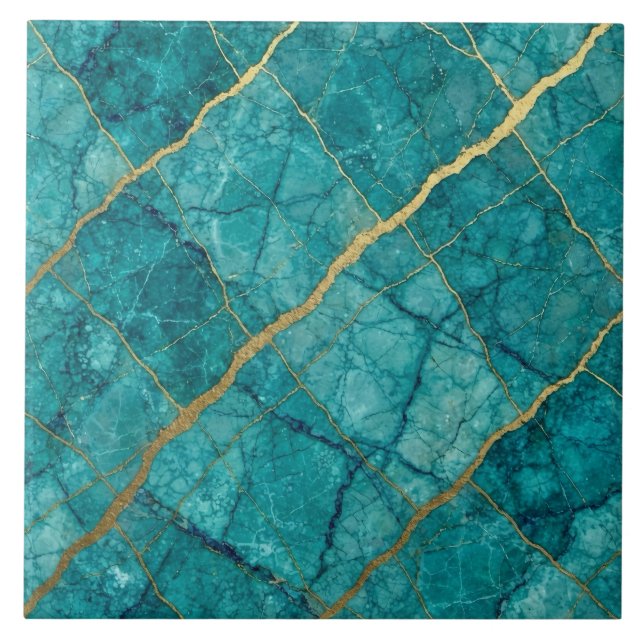 Turquoise Teal Blue and Gold Marble Ceramic Tile (Front)