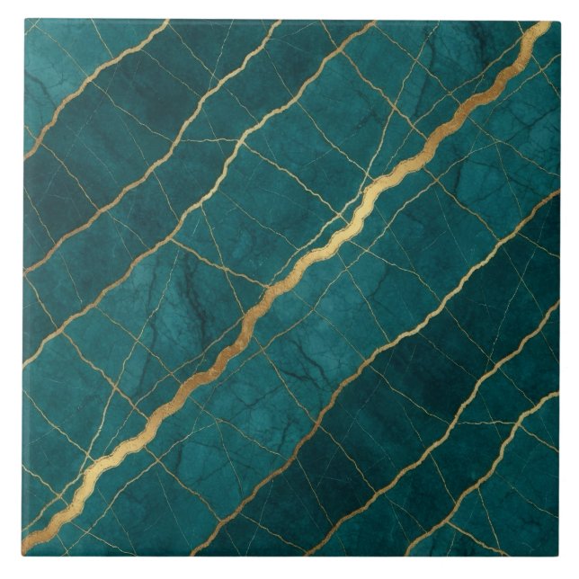 Turquoise Teal Blue and Gold Marble Ceramic Tile (Front)
