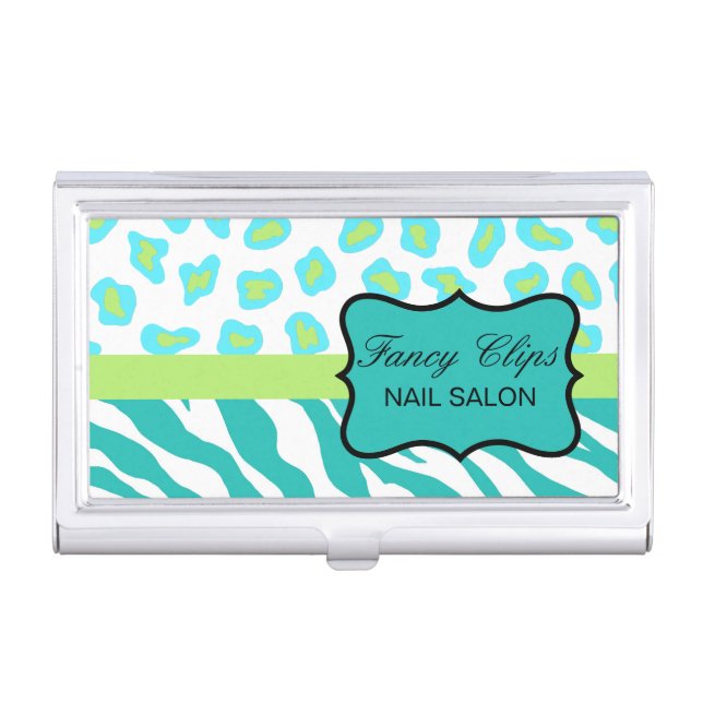 Turquoise Teal Blue and White Zebra Leopard Skin Business Card Case (Front)