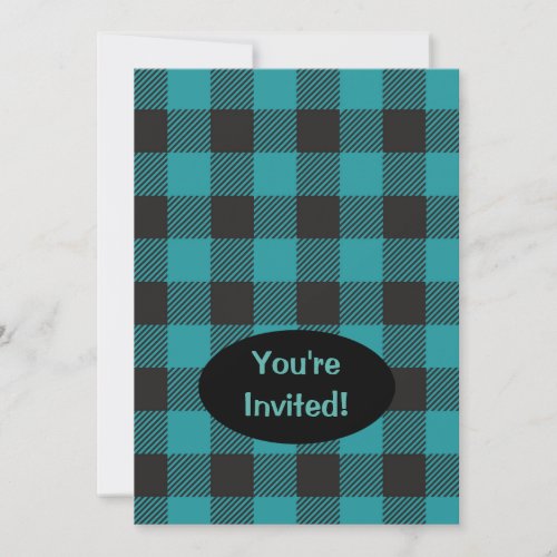 Turquoise Teal Blue Black Buffalo Plaid Check Invitation