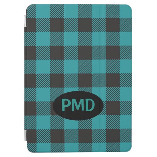 Turquoise Teal Blue Black Buffalo Plaid Monogram iPad Air Cover