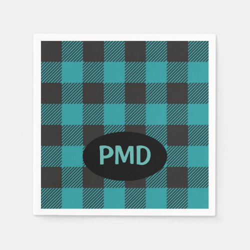 Turquoise Teal Blue Black Buffalo Plaid Monogram Napkins