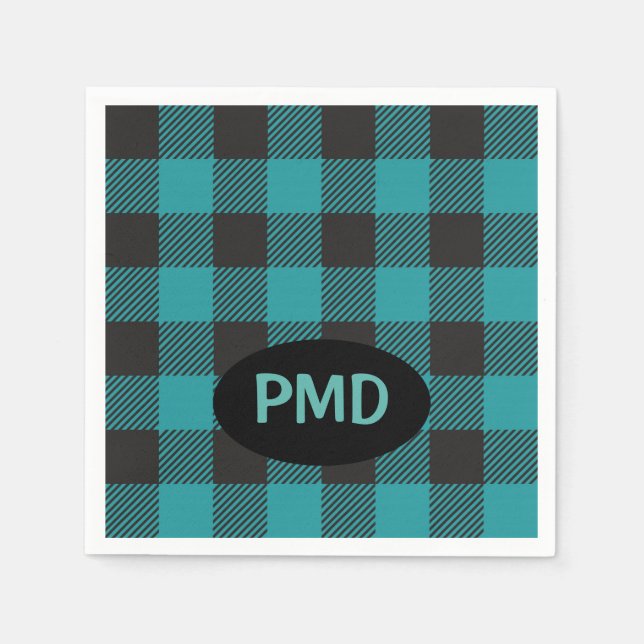 Turquoise Teal Blue Black Buffalo Plaid Monogram Napkins (Front)