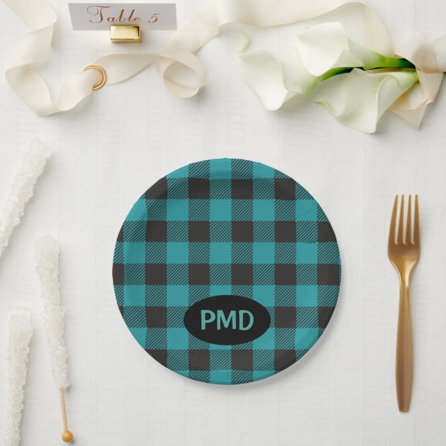 Turquoise Teal Blue Black Buffalo Plaid Monogram Paper Plates (Wedding)