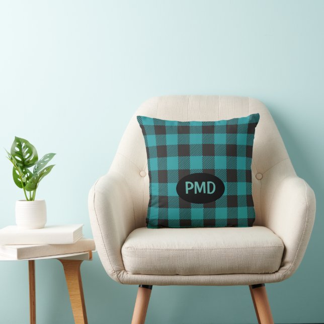 Turquoise Teal Blue Black Buffalo Plaid Monogram Throw Pillow (Chair)