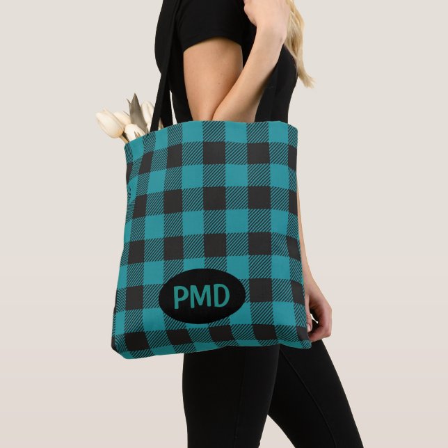 Turquoise Teal Blue Black Buffalo Plaid Monogram Tote Bag (Close Up)