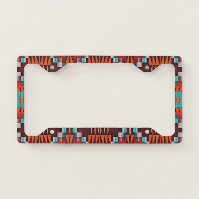 Turquoise Teal Blue Brown Red Orange Tribal Art License Plate Frame (Front)