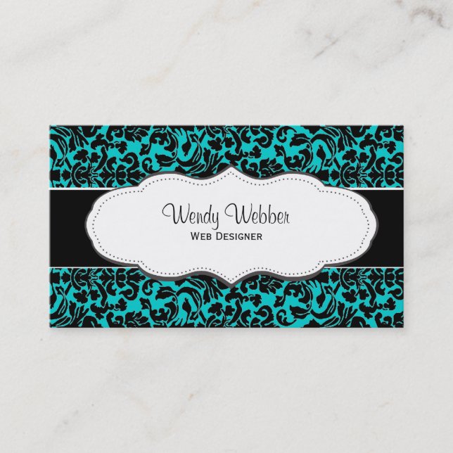 Turquoise/ Teal Blue Damask Business Cards (Front)