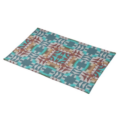 Turquoise Teal Blue Dark Red Brown Gray Tribal Art Cloth Placemat