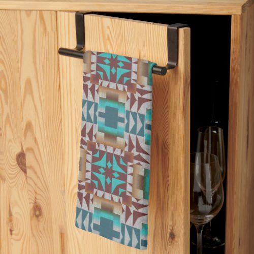 Turquoise Teal Blue Dark Red Brown Gray Tribal Art Kitchen Towel