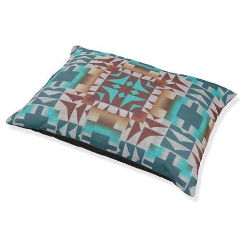 Turquoise Teal Blue Dark Red Brown Gray Tribal Art Pet Bed