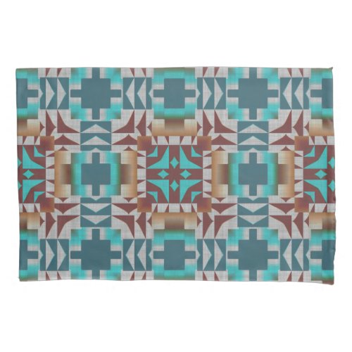 Turquoise Teal Blue Dark Red Brown Gray Tribal Art Pillow Case