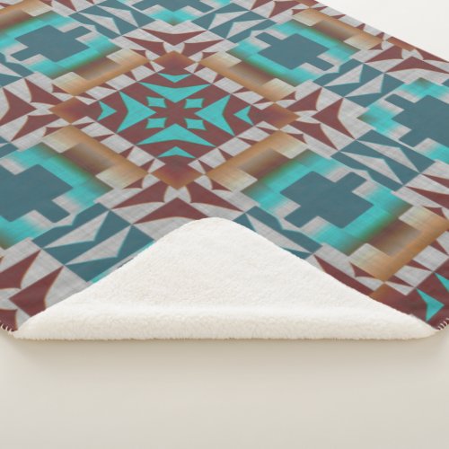 Turquoise Teal Blue Dark Red Brown Gray Tribal Art Sherpa Blanket