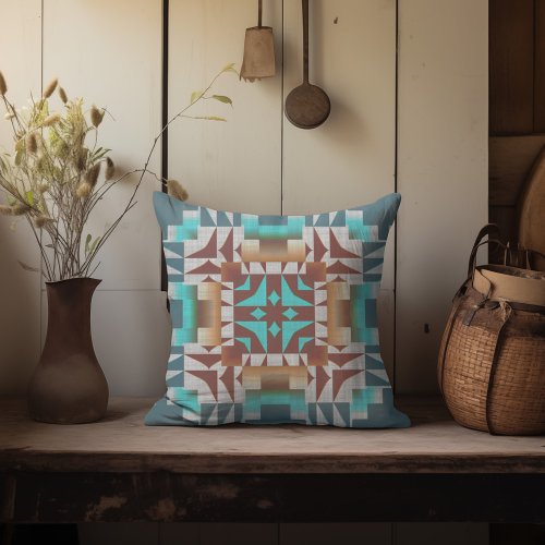 Turquoise Teal Blue Dark Red Brown Gray Tribal Art Throw Pillow