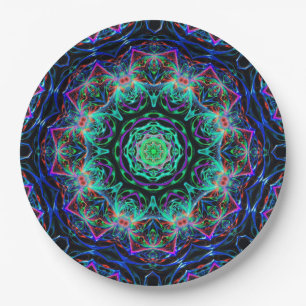 Turquoise Teal Blue Fractal Mandala Pattern Paper Plates