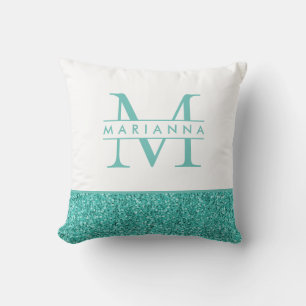 Turquoise Teal Blue Glitter Monogram Name w Quote Throw Pillow