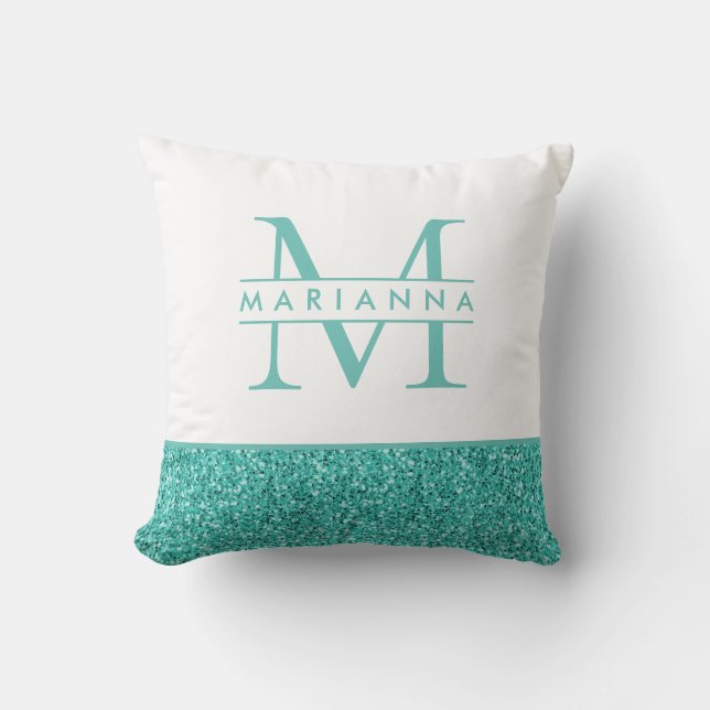 Turquoise Teal Blue Glitter Monogram Name w Quote Throw Pillow (Front)