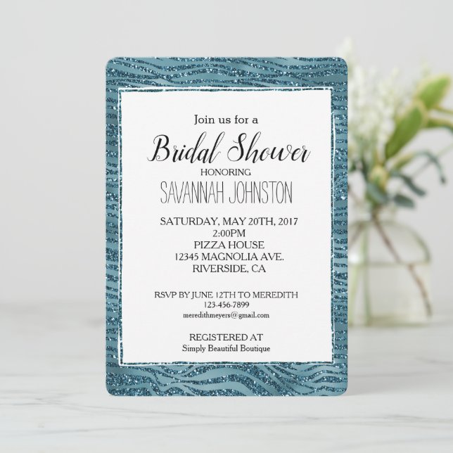 Turquoise Teal Blue Glitter Zebra Print  Invitation (Standing Front)