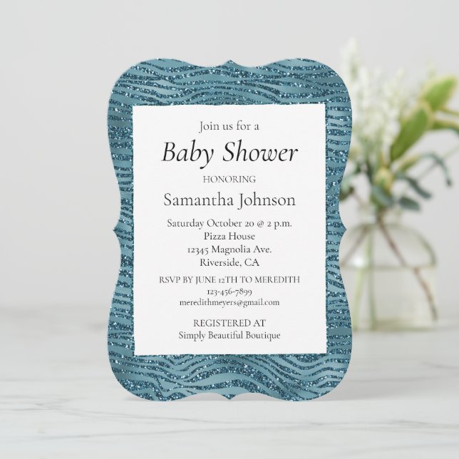 Turquoise Teal Blue Glitter Zebra Print  Invitation (Standing Front)