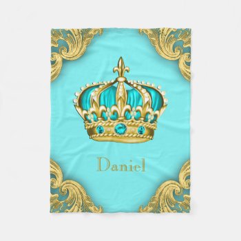 Turquoise Teal Blue Gold Prince Crown Baby Fleece Blanket by BabyCentral at Zazzle