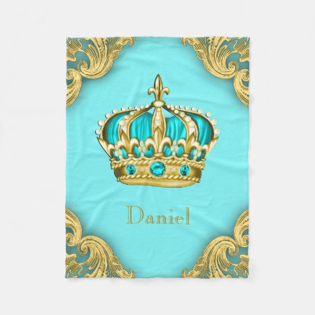 Turquoise Teal Blue Gold Prince Crown Baby Fleece Blanket