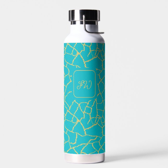 Turquoise Teal Blue Gold Vein Kintsugi Initials Water Bottle (Left)