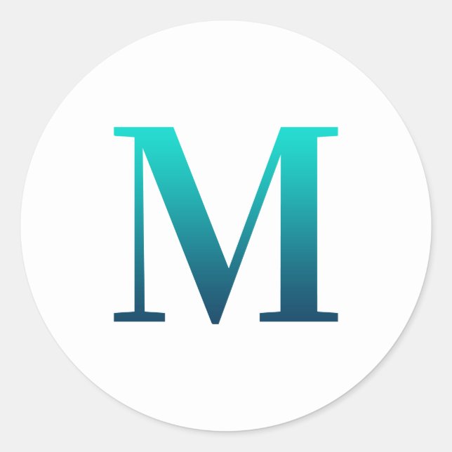 Turquoise Teal Blue Gradient 'M" Serif Monogram Classic Round Sticker (Front)