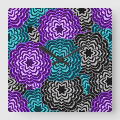 Turquoise Teal Blue Lavender Purple Gray Dahlia Square Wall Clock