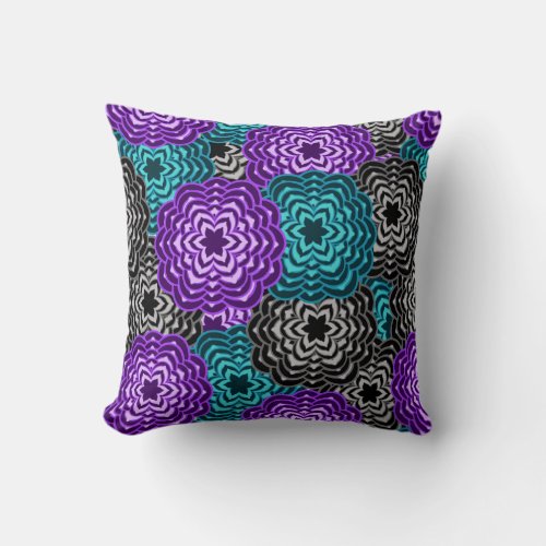 Turquoise Teal Blue Lavender Purple Grey Floral Throw Pillow