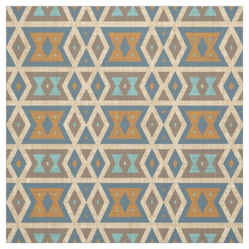 Turquoise Teal Blue Orange Aztec Mosaic Pattern Fabric