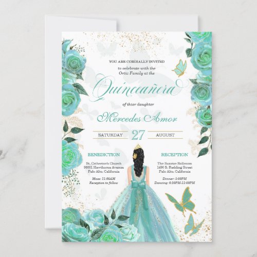 Turquoise Teal Blue Roses Butterfly Quinceanera In Invitation