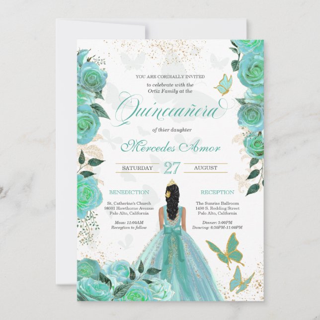 Turquoise Teal Blue Roses Butterfly Quinceanera In Invitation (Front)