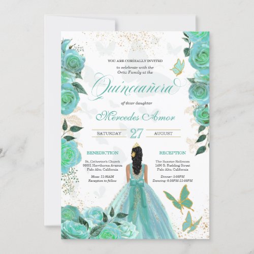 Turquoise Teal Blue Roses Butterfly Quinceanera In Invitation