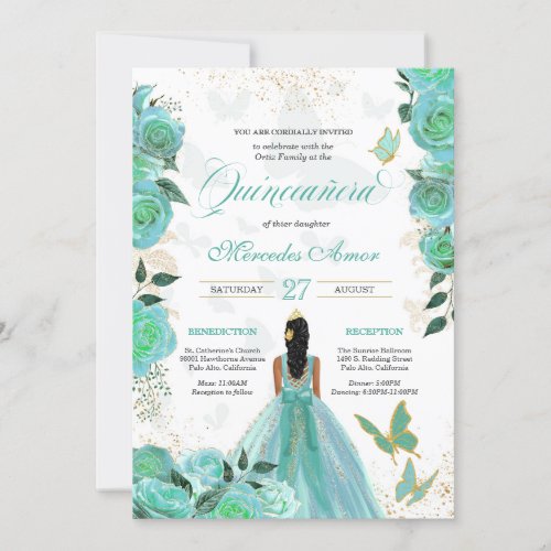 Turquoise Teal Blue Roses Butterfly Quinceanera Invitation